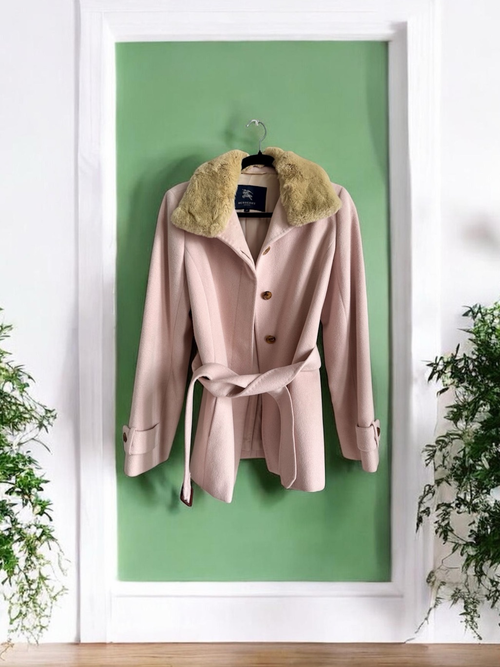 Burberry Blush Pink Wool Pea Coat With Beige Fur Collar